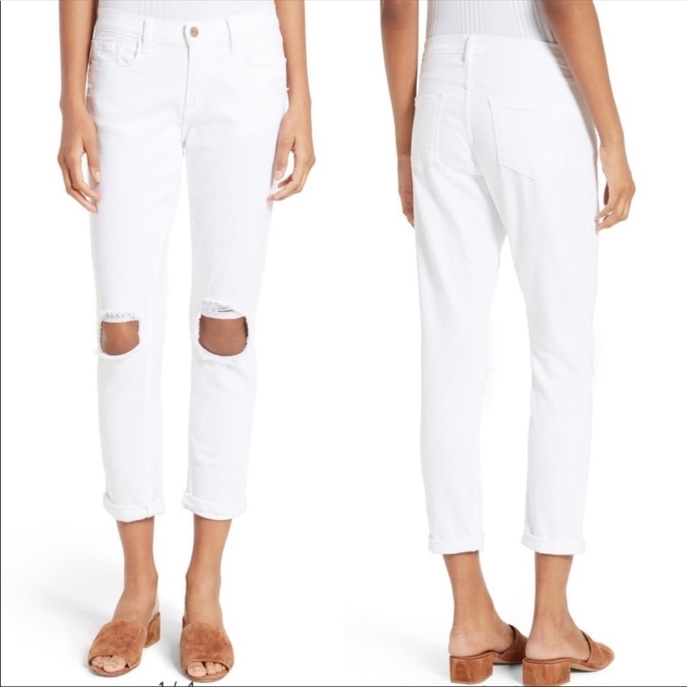 FRAME Denim Le Garçon White Jeans Ripped Knees Size 26 NWOT